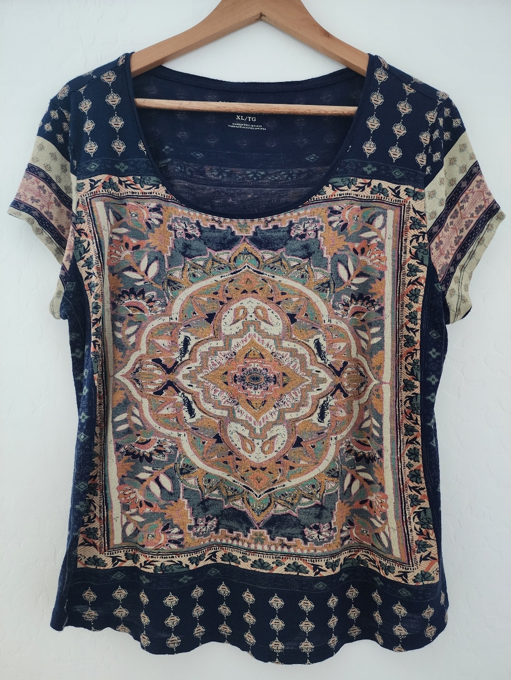 Boho Lucky Brand Navy Printed Short Sleeve Women's Top, XL